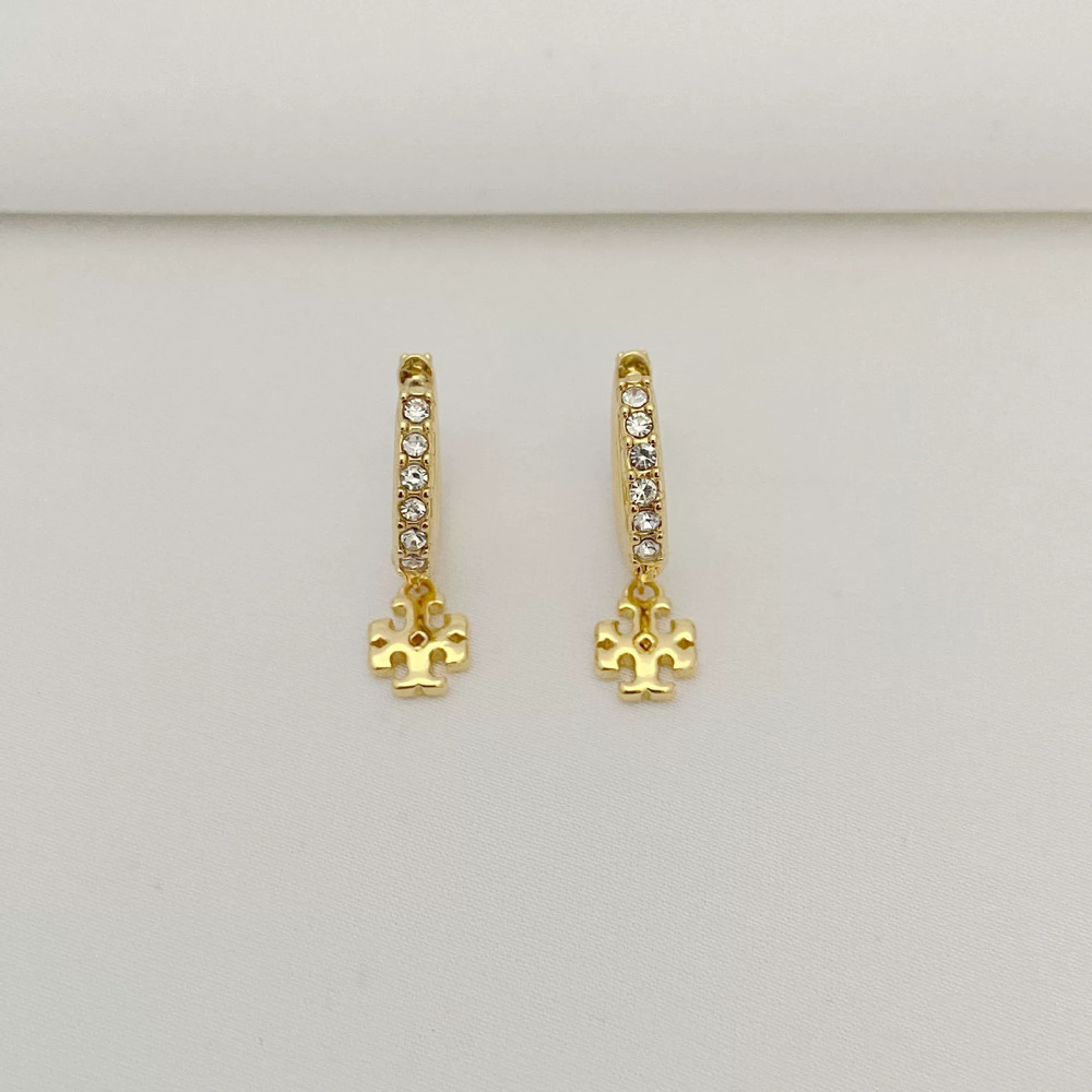Tory Burch Cold Rhinestone Letter Gold Plated Drop Earrings